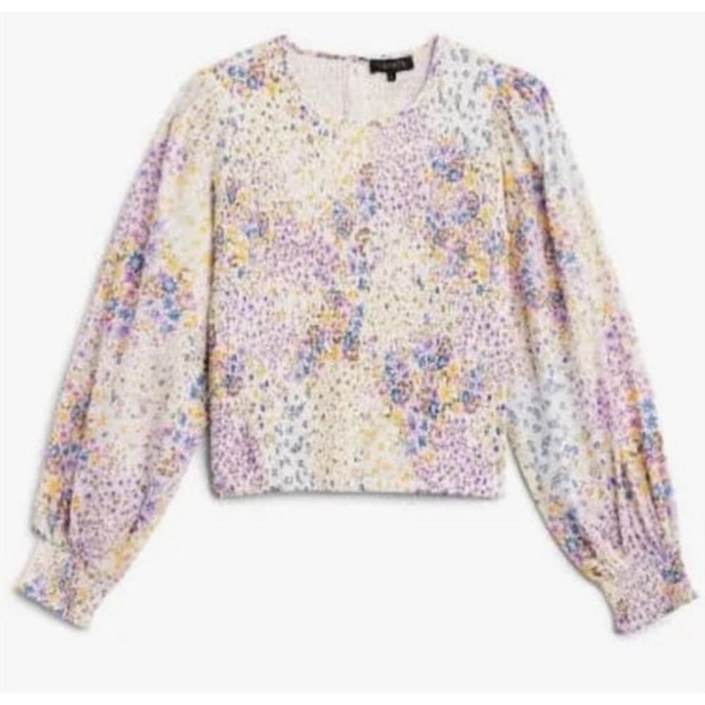 1. State Womens Long Sleeve Smocked Peasant Top Medium White Floral Frenzy